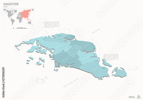 Singapore map with borders, administrative divisions and pointer marks. Vector isometric illustration