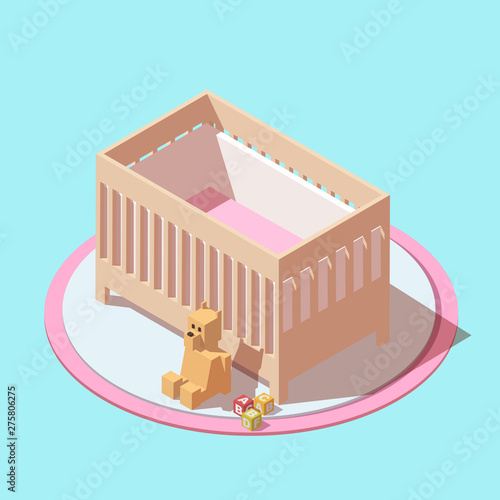 Vector isometric Baby Cot icon. Illustration include baby cot, teddy bear and alphabet cubes