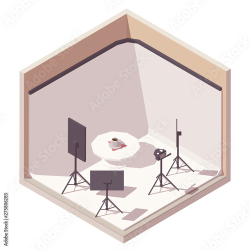 Vector isometric photographer studio icon. Illustration with white and color backdrop, camera on the tripod, lighting equipment, desk with computer and other equipment