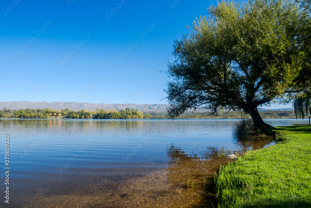 The artificial lake of 'La Florida' in the Argentinian province of San Luis attracts local tourists. You can enjoy a swim or the view, like this one with a tree hanging over the blue reservoir.