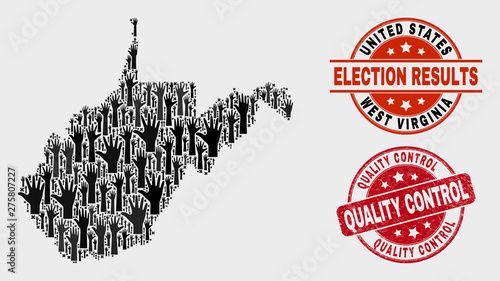 Election West Virginia State map and stamps. Red rounded Quality Control grunge seal stamp. Black West Virginia State map mosaic of raised referendum arms. Vector composition for election results,