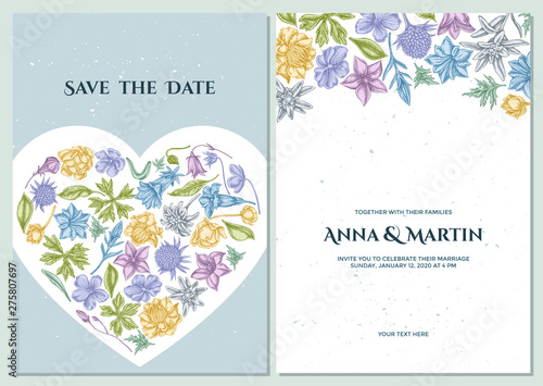 Wedding invitation card with pastel bellflower, edelweiss, globethistle, globeflower, meadow geranium, gentiana