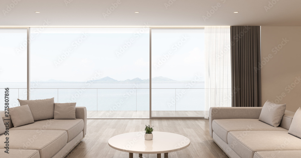 Fototapeta premium Perspective of modern luxury living room with white sofa and dining table on sea view background,Idea of family vacation - warm timber interior design - 3D rendering.