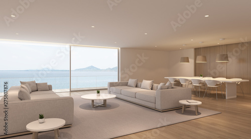 Perspective of modern luxury living room with white sofa and dining table on sea view background Idea of family vacation - warm timber interior design - 3D rendering.