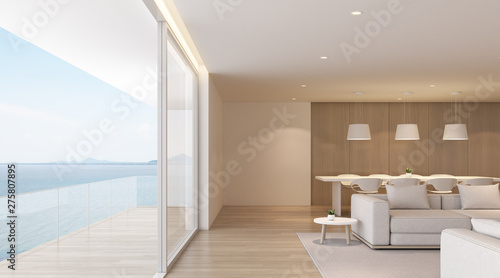 Fototapeta Naklejka Na Ścianę i Meble -  Perspective of modern luxury living room with white sofa and dining table on sea view background,Idea of family vacation - warm timber interior design - 3D rendering.