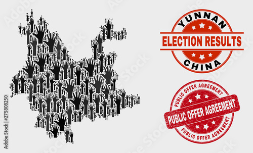 Election Yunnan Province map and seal stamps. Red round Public Offer Agreement scratched seal stamp. Black Yunnan Province map mosaic of raised up referendum hands.