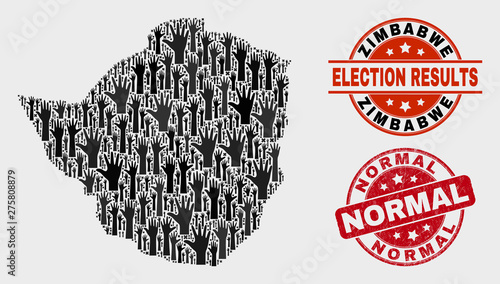 Election Zimbabwe map and seals. Red round Normal grunge seal. Black Zimbabwe map mosaic of raised up raising arms. Vector composition for election results, with Normal seal stamp.
