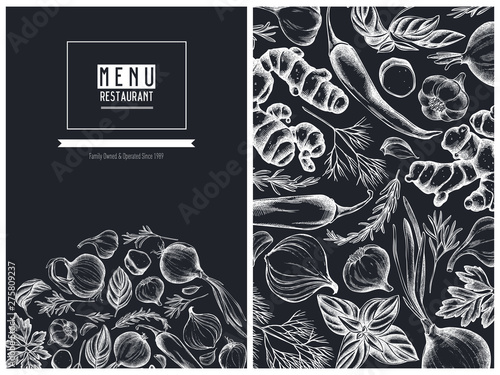 Menu cover floral design with chalk onion, garlic, pepper, greenery, ginger, basil, rosemary