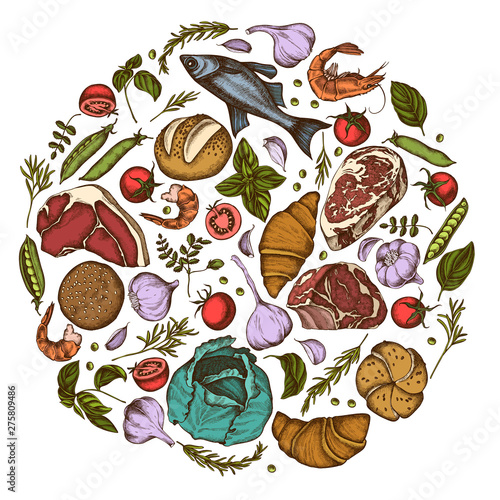 Round floral design with colored garlic, cherry tomatoes, peas, fish, shrimp, cabbage, beef, buns and bread, croissants and bread, basil, rosemary