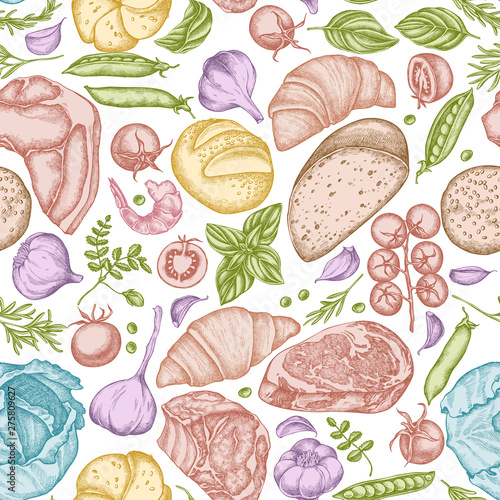 Seamless pattern with hand drawn pastel garlic, cherry tomatoes, peas, fish, shrimp, cabbage, beef, buns and bread, croissants and bread, basil, rosemary