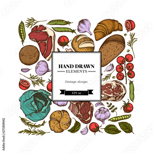 Square floral design with colored garlic, cherry tomatoes, peas, fish, shrimp, cabbage, beef, buns and bread, croissants and bread, basil, rosemary