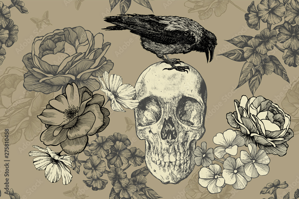 custom made wallpaper toronto digitalSkull with a raven and roses on a seamless, floral background. Vector illustration, hand drawing.