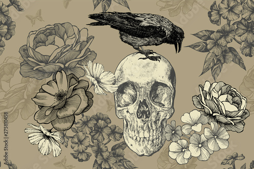 Skull with a raven and roses on a seamless, floral background. Vector illustration, hand drawing.