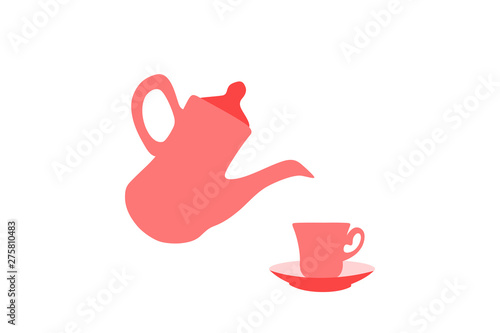 Drawing of a teapot, tea cup and saucer, vector illustration
