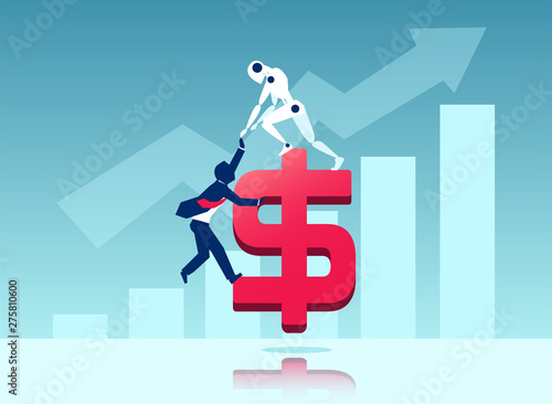 Vector of a robot helping businessman to climb a dollar sign.