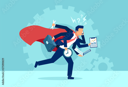Vector of a business man super hero running in a hurry multitasking.