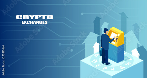 vector of a modern bitcoin ATM, cash dispenser and a businessman buying or selling bitcoins