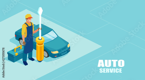 Isometric vector of a mechanic with a screwdriver ready to fix a car offer a professional service