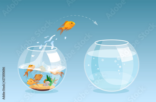 Vector of a goldfish jumping out a fishbowl to another aquarium