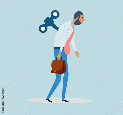 Vector of a businessman walking with a wind up key mechanism