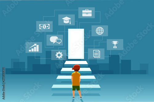 Vector of a child, a boy looking at the stairs leading to the door of modern digital world.