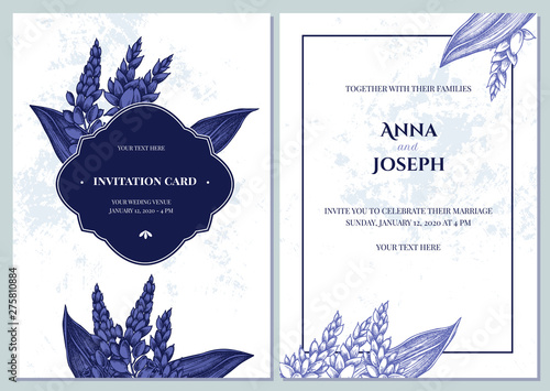 Wedding invitation card with blue and white ginger