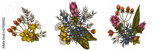 Flower bouquet of colored juniper, hypericum, turmeric