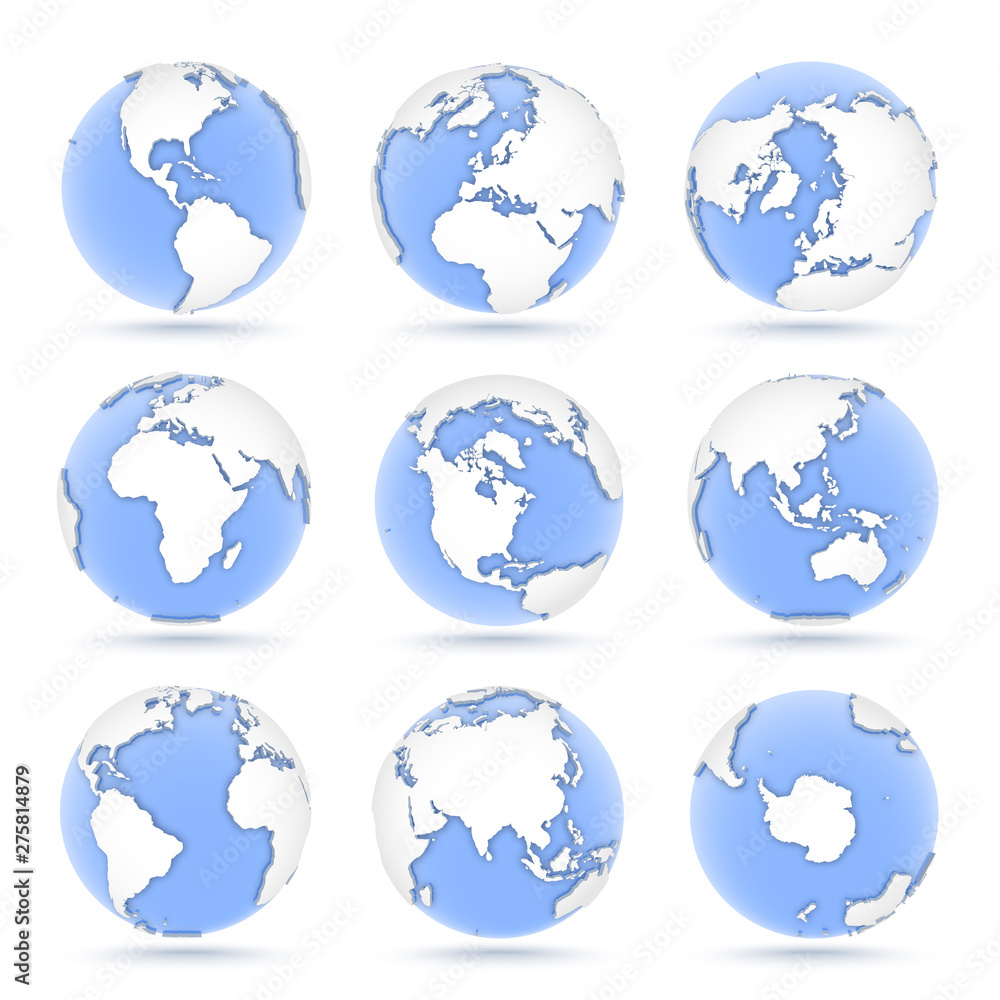 Set of globes, nine icons of blue globes showing earth from all continents