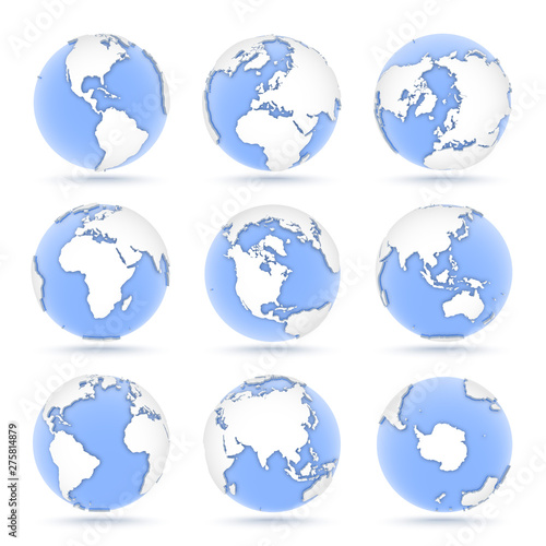 Set of globes, nine icons of blue globes showing earth from all continents