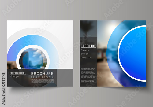 The minimal vector illustration of editable layout of two square format covers design templates for brochure, flyer, magazine. Creative modern blue background with circles and round shapes.