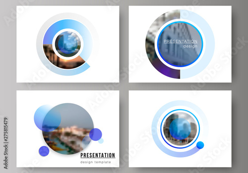 The minimalistic abstract vector illustration of the editable layout of the presentation slides design business templates. Creative modern blue background with circles and round shapes.