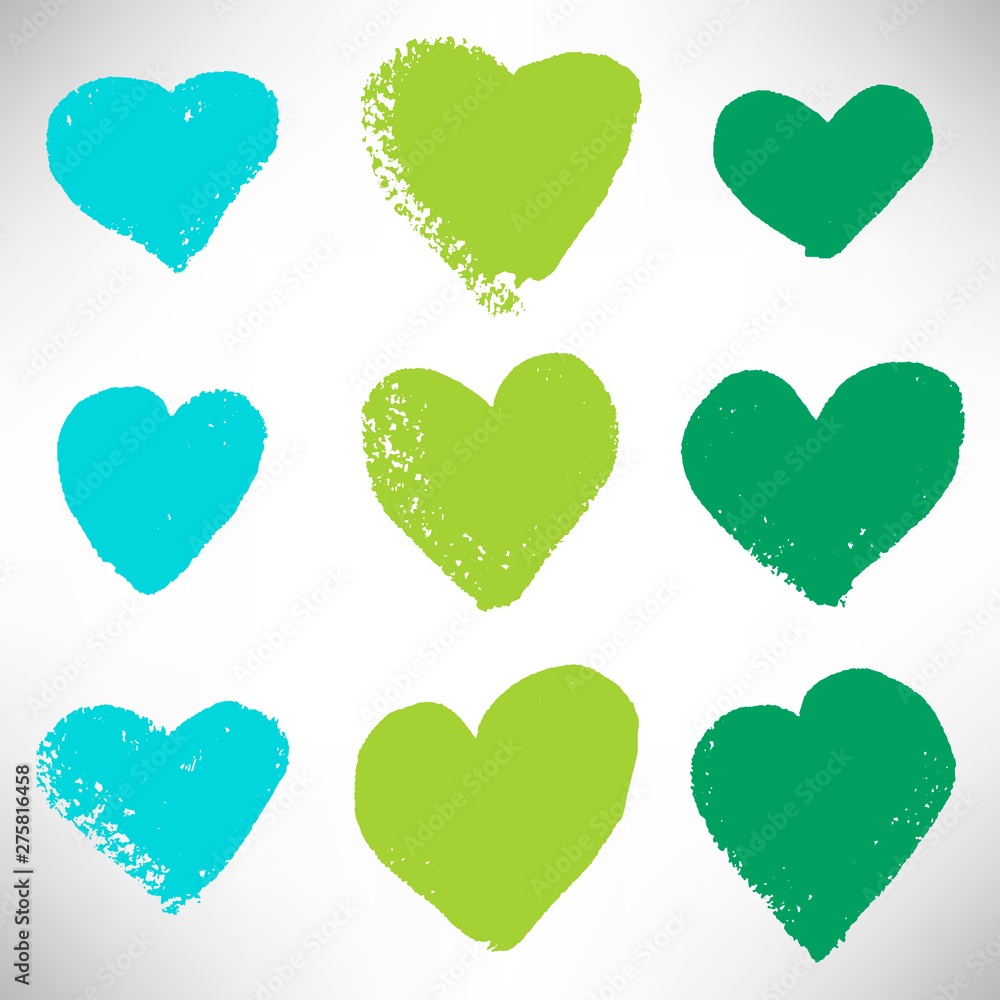 Set of blue, green icons of heart. Grunge hearts collection isolated on white. Vector illustration. Set of blue, green icons of heart. Grunge hearts collection isolated on white. Vector illustration.