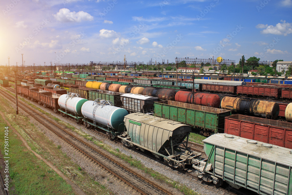 Freight trains on city cargo terminal. Railways in train parking. Arain ...