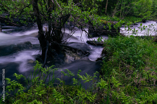 The rapids of the northern river in the night taiga