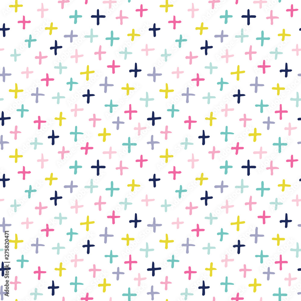 Seamless vector background with hand drawn crosses in pretty pastel colors on white. Cute scandinavian design for girls, baby shower, Birthday, home decor, textiles, wrapping paper, surface textures.