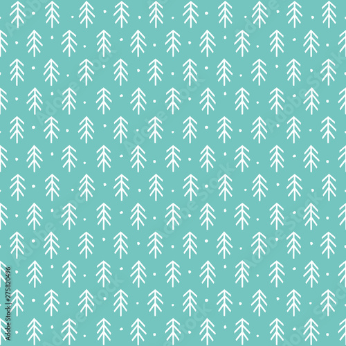 Cute seamless vector background with pine trees in mint green and white. Scandinavian style, hand drawn design for baby shower, nursery, wallpaper, textiles, gift wrapping paper, surface textures.