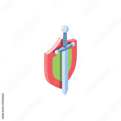 Security shield and sword. Vector 3d isometric color icon new flat style. Creative illustration, idea for infographics.