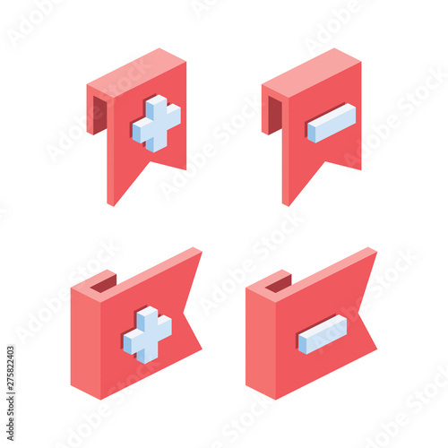Bookmarks Plus minus set. Vector 3d isometric color icon new flat style. Creative illustration, idea for infographics.