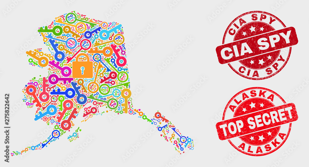 Safety Alaska map and watermarks. Red rounded Top Secret and CIA Spy textured seal stamps. Colored Alaska map mosaic of different guard icons. Vector combination for guard purposes. Safety Alaska map and watermarks. Red rounded Top Secret and CIA Spy textured seal stamps. Colored Alaska map mosaic of different guard icons. Vector combination for guard purposes.
