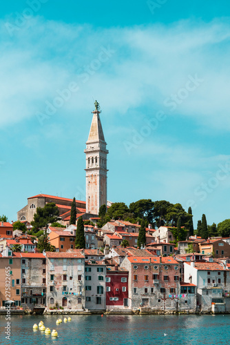 view on Church of St Euphemia and colorful houses of Rovinj, Croatia