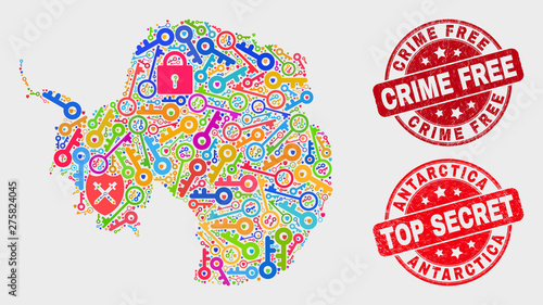 Protection Antarctica continent map and seal stamps. Red round Top Secret and Crime Free scratched seal stamps. Bright Antarctica continent map mosaic of different safeguard icons.