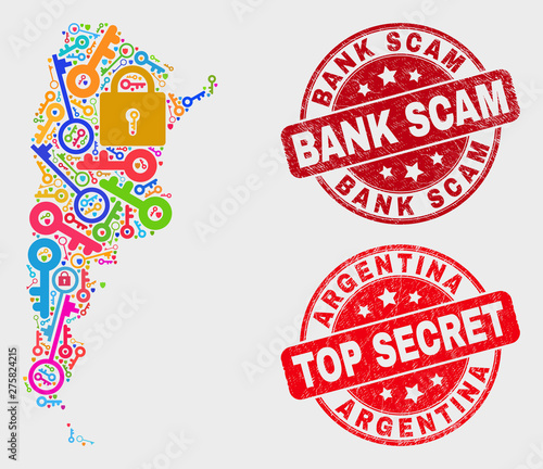 Guard Argentina map and seal stamps. Red round Top Secret and Bank Scam textured seal stamps. Bright Argentina map mosaic of different guard elements. Vector combination for safety purposes.