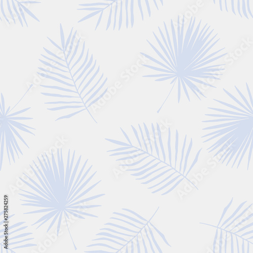 Seamless pattern of tropical branches. Pastel light purple background of palm leaves.