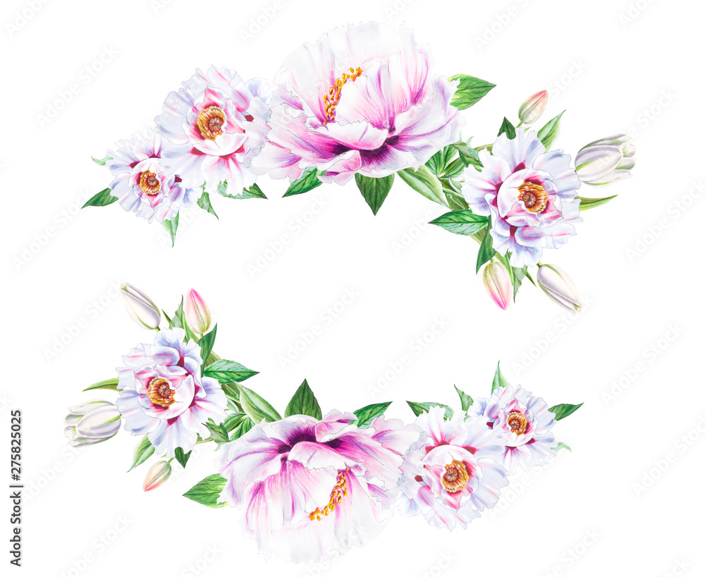 Naklejka premium Beautiful white peony frame. Bouquet of flowers. Floral print. Marker drawing. Watercolor painting. Wedding and birthday composition. Greeting card. Flower painted background. Hand drawn illustration.