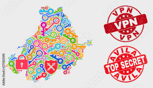 Shield Avila Province map and watermarks. Red rounded Top Secret and Vpn distress watermarks. Bright Avila Province map mosaic of different administration icons. Vector collage for guard purposes.