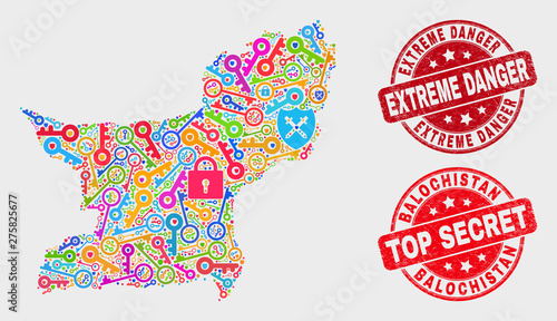Safety Balochistan Province map and seal stamps. Red round Top Secret and Extreme Danger scratched watermarks. Colored Balochistan Province map mosaic of different shield icons.