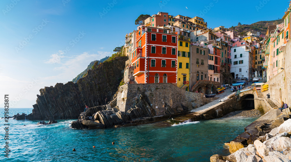 Riomaggiore 1 of 5 fishing village of Cinque Terre, coastline of Liguria in La Spezia, Italy