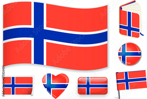 Norwegian national flag vector illustration in different shapes.