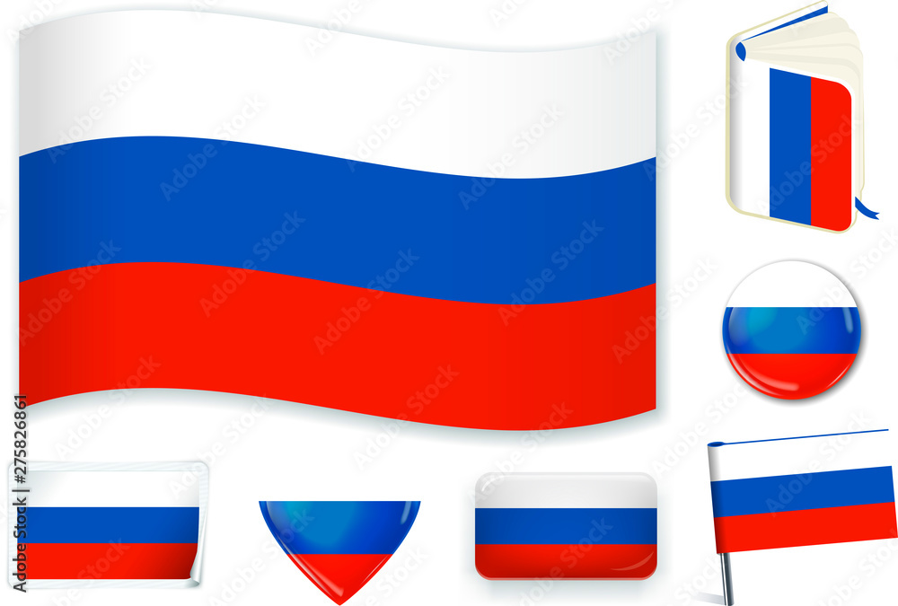 Russian national flag vector illustration in different shapes.