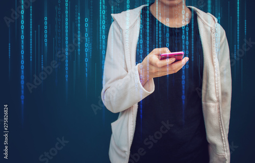 teen girl with social online smartphone network light and blue wall background with data icon, data deep learning, internet of things, online shoping market, ai robotic ui hud 01 code photo